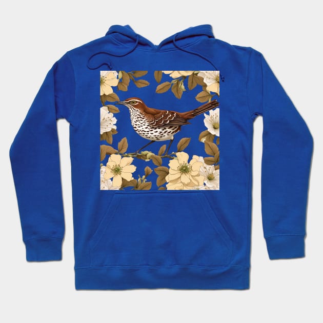 A Brown Thrasher Bird Surrounded By Rose Flowers Hoodie by taiche